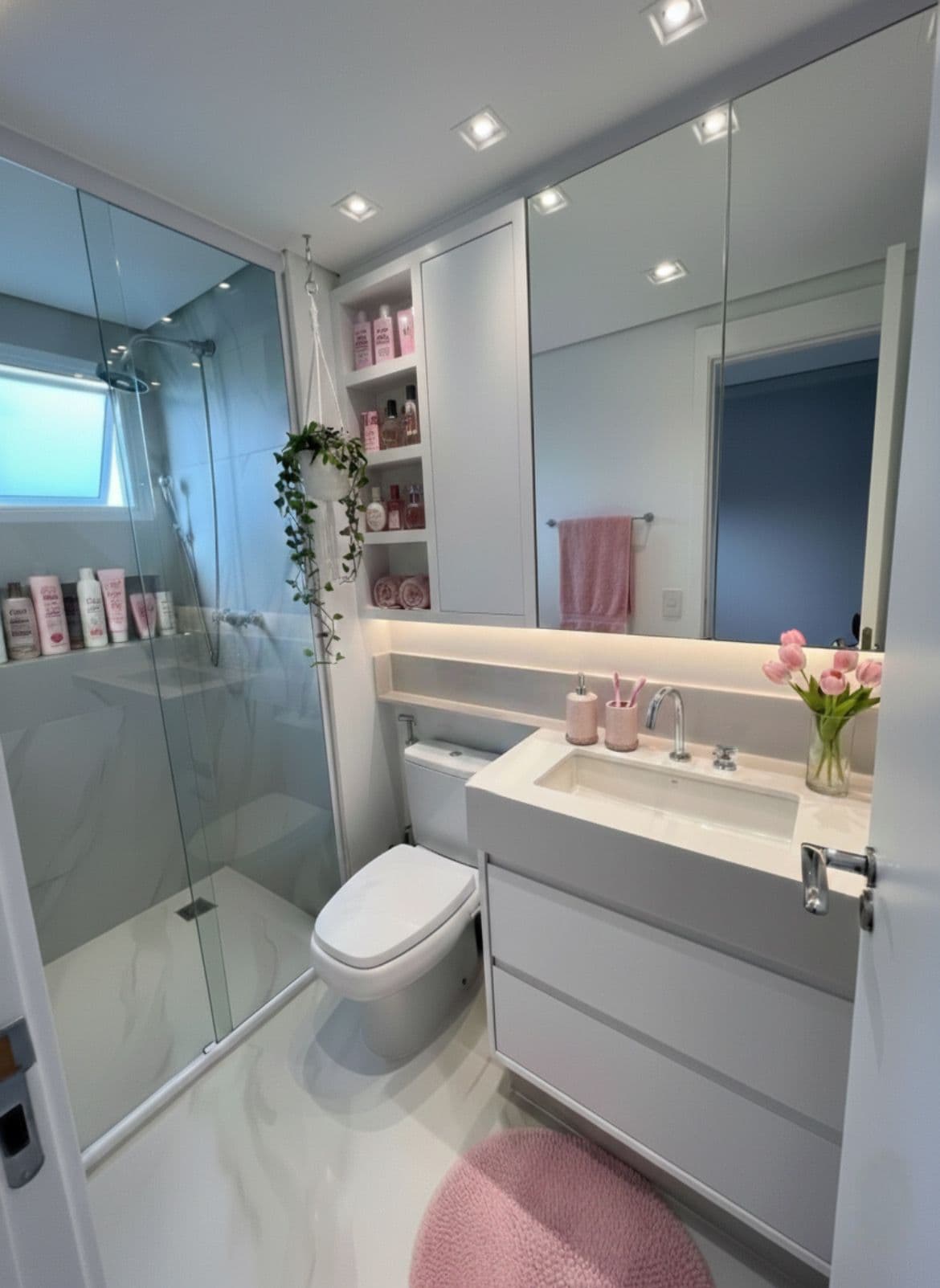 Banheiro Feminino Branco com Nicho e Decoração Rosê — Prime Line Ambientes Planejados, Belo Horizonte