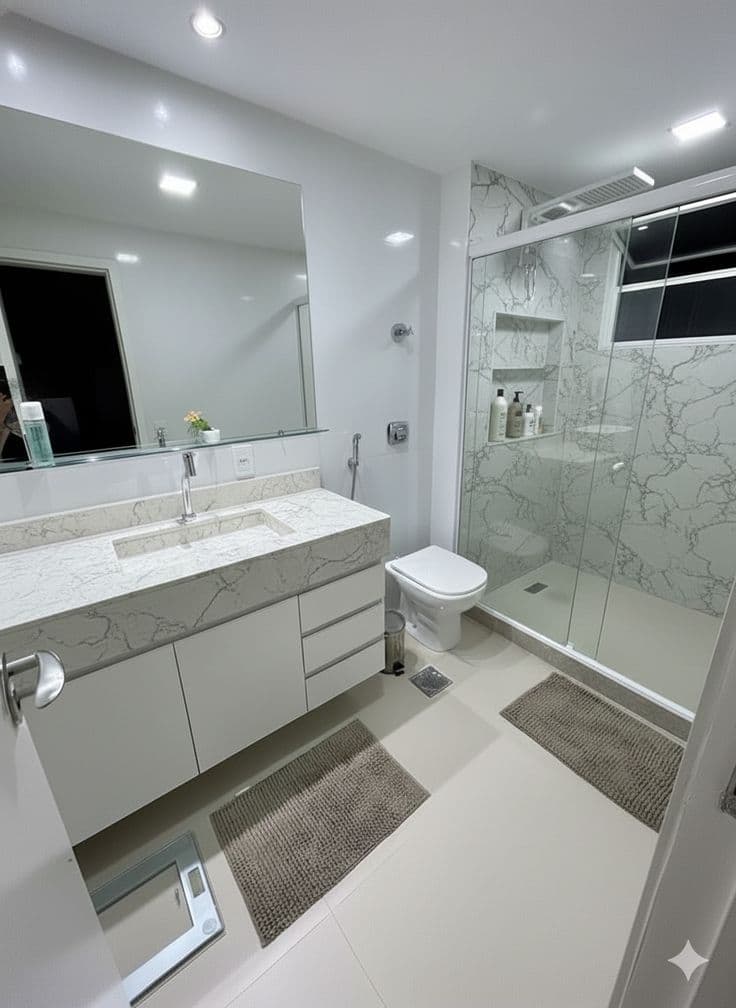 Banheiro em Mármore Branco com Bancada Embutida e Nicho — Prime Line Ambientes Planejados, Belo Horizonte