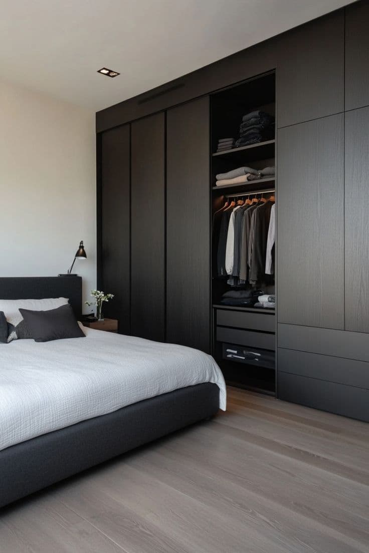 Dormitório com Guarda-roupa Preto Deslizante e Piso de Madeira — Prime Line Ambientes Planejados, Belo Horizonte