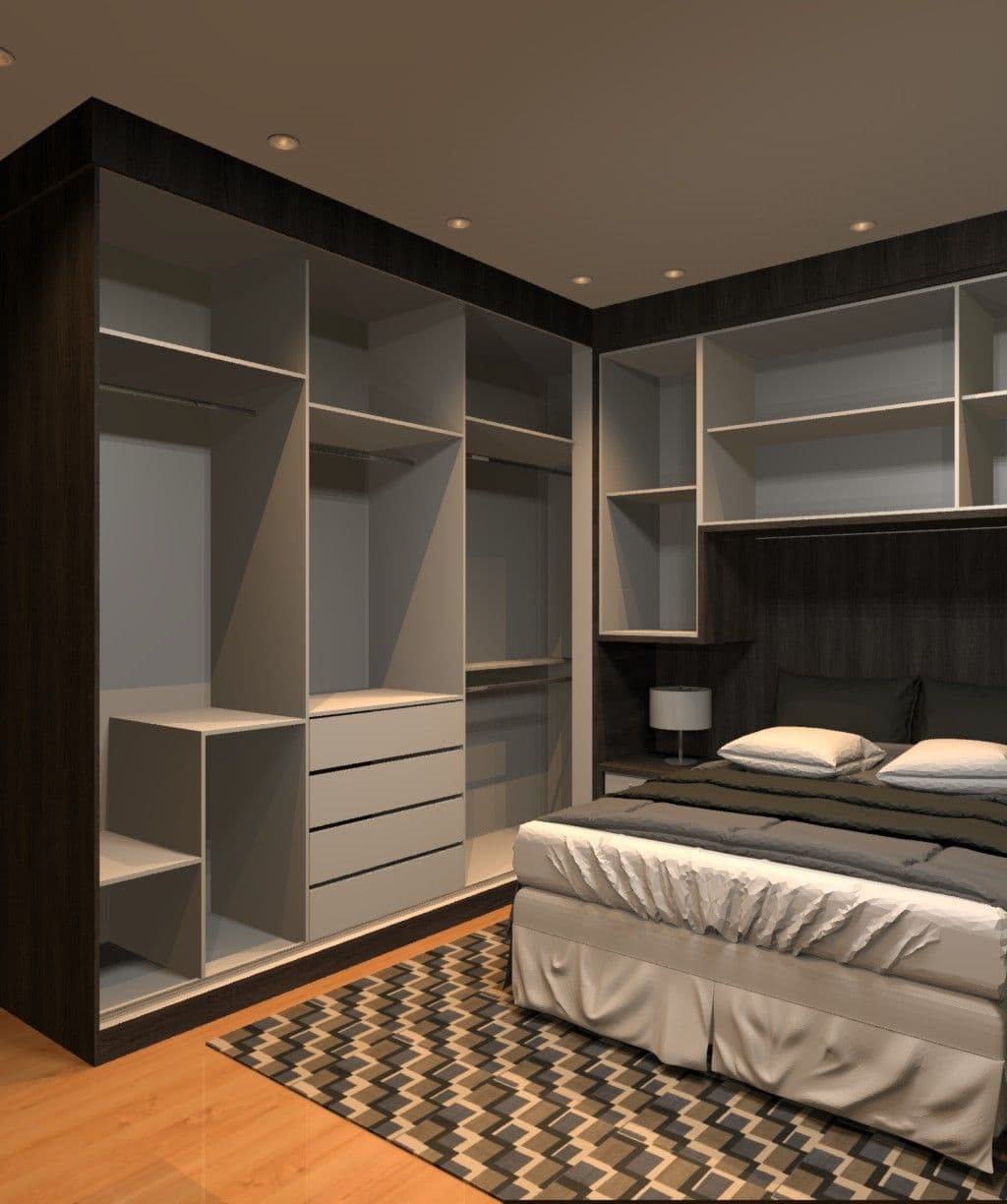 Dormitório Casal com Guarda-roupa Madeira Escura e Nichos — Prime Line Ambientes Planejados, Belo Horizonte
