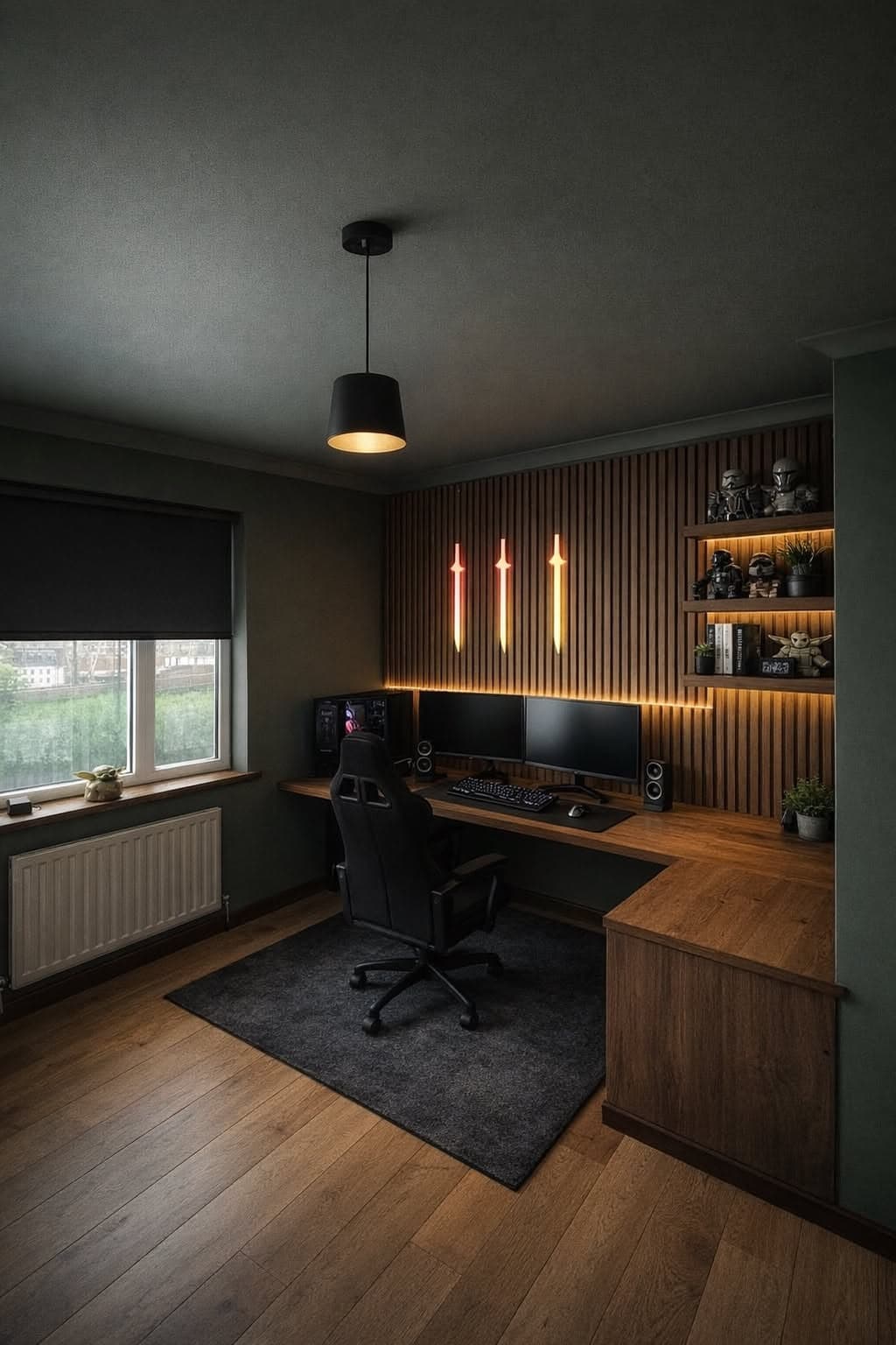 Escritório Gamer com Bancada Amadeirada e Ripado Iluminado — Prime Line Ambientes Planejados, Belo Horizonte