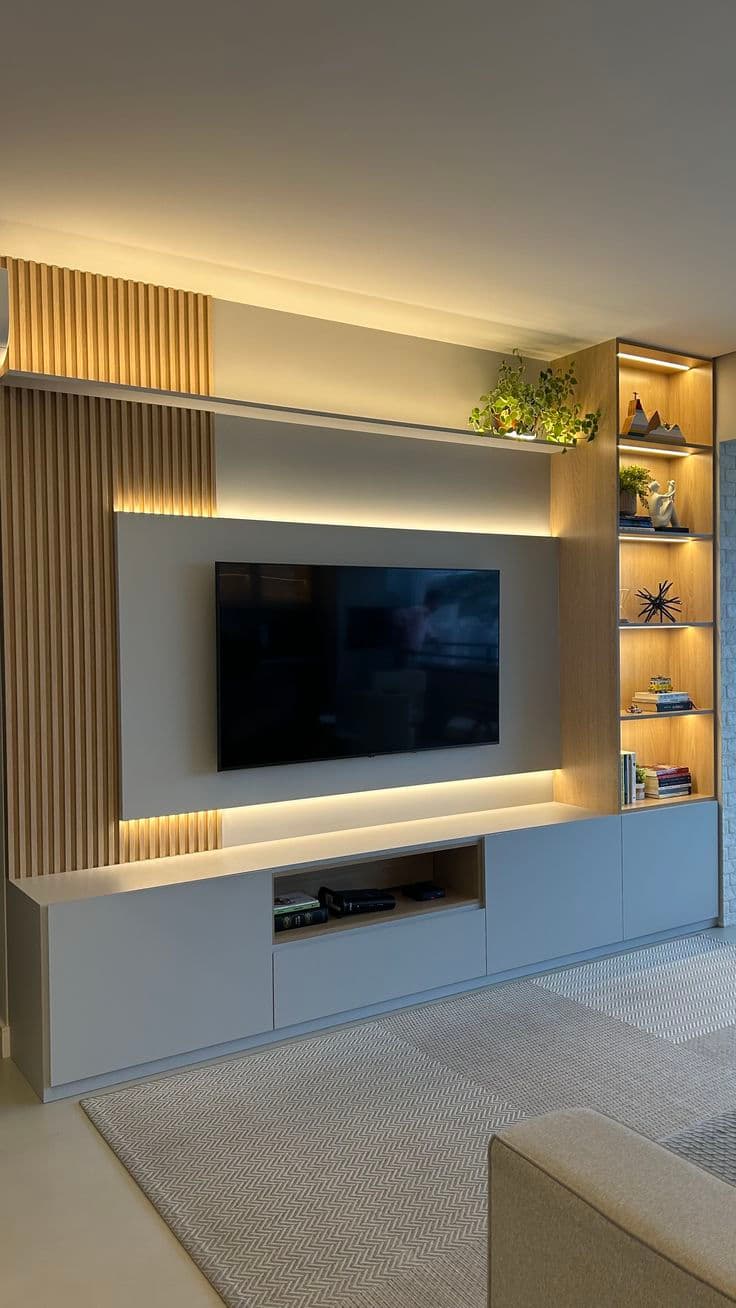Painel TV Planejado Ripado Amadeirado com Nicho Iluminado — Prime Line Ambientes Planejados, Belo Horizonte