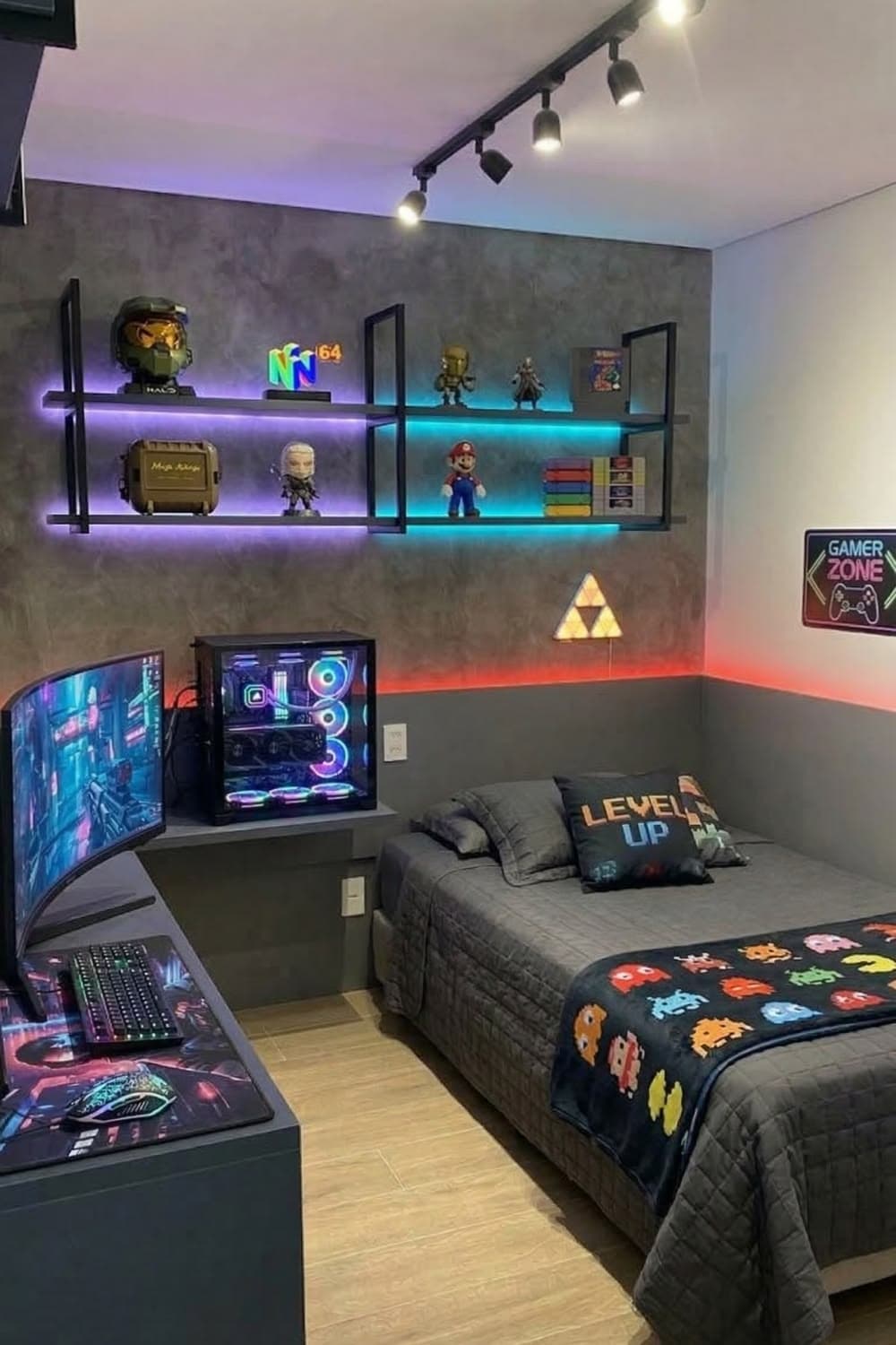 Quarto Gamer com Cimento Queimado e Iluminação RGB — Prime Line Ambientes Planejados, Belo Horizonte