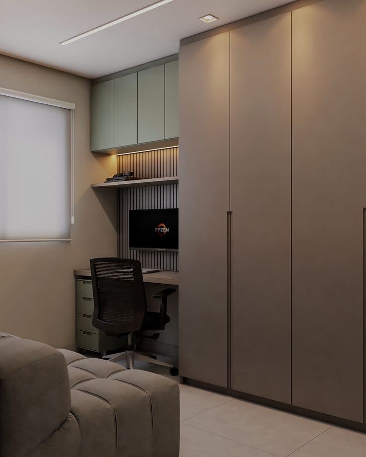 Quarto com Home Office Verde Menta e Guarda-roupa Cinza — Prime Line Ambientes Planejados, Belo Horizonte
